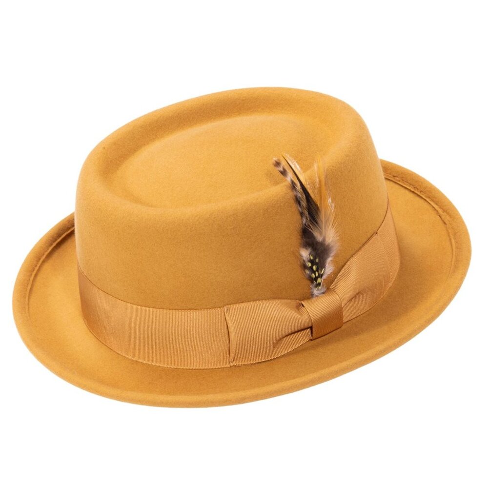 MONTIQUE  GOLD PORK PIE FEDORA WITH FEATHER ACCENT.      H-88